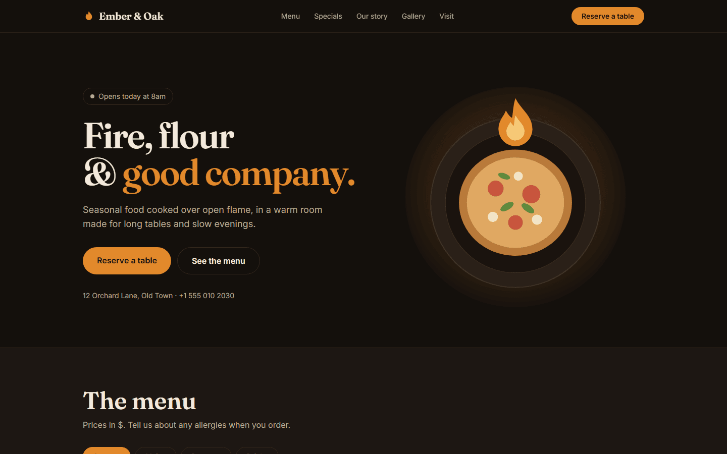 Screenshot of Ember & Oak — Restaurant & Café Website
