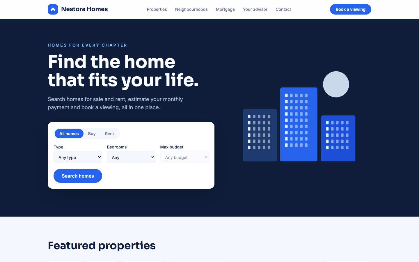 Screenshot of Nestora Homes — Real Estate Website